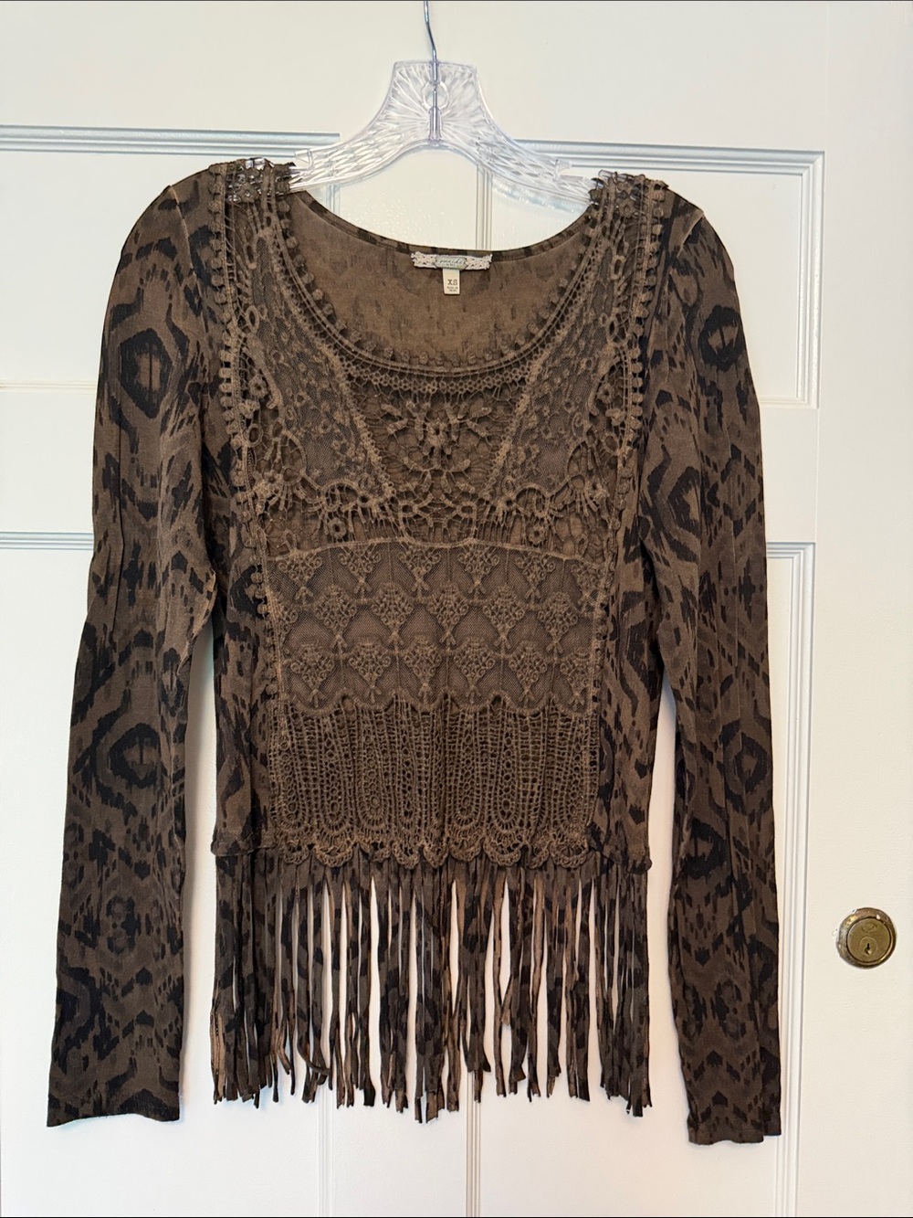 gimmicks by BKE Crochet Fringe Long Sleeve Top